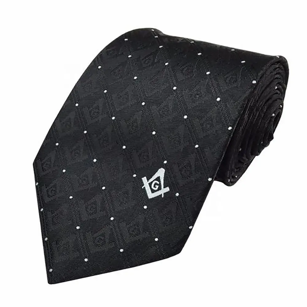 Custom Woven Logo Design Silk White Polka Dot Necktie Men Casual Black Masonic Tie