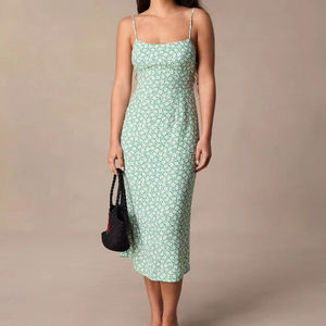 New French-style Viscose Green Printed <strong>Long</strong> <strong>Dress</strong> Slim-fitting Sexy Backless With Tie Straps A Pure And Alluring Slip <strong>Dress</strong> - Product Image 1