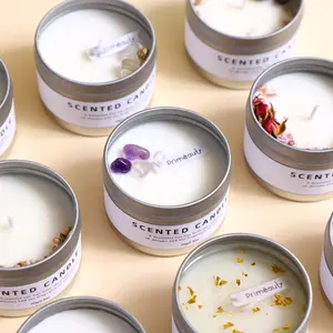 wholesale soy wax candle mini tins decorate wedding aromatherapy flower crystal custom private label luxury scented candle