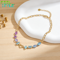 Nouveau Collier de Clavicule en Acier Inoxydable 316 PVD Or Épais Couleur Permanente avec Perles de Zircon Gemme Bleu Pâle et Violet