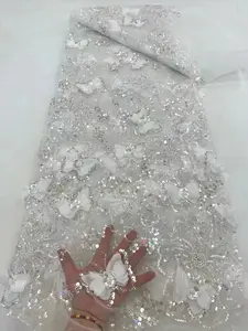 럭셔리 페르시 레이스 원단 도매 가격 신부 프랑스 진주 자수 3D 나비 레이스 메쉬 레이스 직물 결혼식