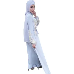 新しいデザインOEMODMイスラム通気性ピュアカラーイスラム教徒アバヤ刺繍レースランタンスリーブ女性用ロングドレス