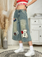 Jean vintage délavé pour femme, coupe large, avec patch ours mignon et imprimé lettres, pantalon capri en denim 7/8