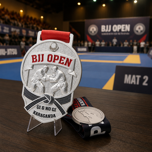 Médaille de récompense personnalisée de Jiu-Jitsu brésilien, en relief 3D, en métal finition argent, pour <span class=keywords><strong>arts</strong></span> martiaux, avec ruban, OEM ODM - Product Image 1