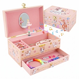 Portagioie Musicale per Bambine a Forma di Gatto da 7 Pollici, con Ballerina Rotante, Specchio e Cassetto, Rosa - Product Image 1