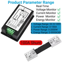 Medidor de Energía, Voltaje y Amperaje CC 100V 100A, Monitor de Batería, Voltímetro, Amperímetro con Shunt de 100A, Monitor de Energía Solar
