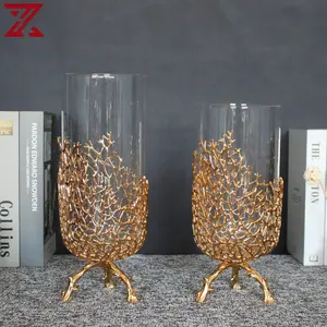 Vas bunga pemegang logam emas gaya Nordic vas kaca transparan untuk tengah meja