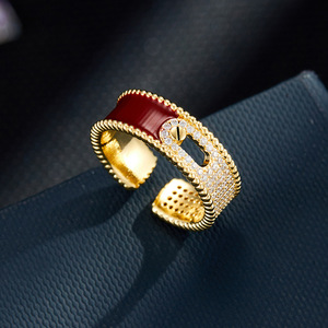 Retro Red Zirconia Open Ring Lock Shape Micro Pave Adjustable Chinese Style Party Jewelry - Product Image 1