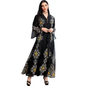 New Fashion Women Muslim Dress Puffy Sleeves Printed Abaya 2022 Kaftan Moroccan Dresses