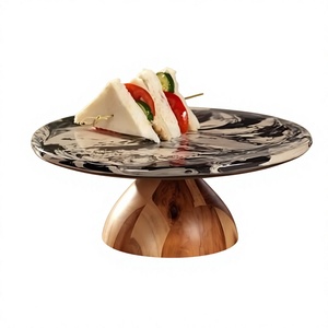 Round Wooden Cake Stand with Black <b>Resin</b> <b>Top</b> Handmade Dessert Platter for <b>Table</b> Decor - Product Image 1
