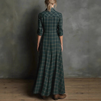 Robe longue à carreaux rétro vintage d'automne à manches longues et col à revers pour femme, idéale pour les sorties quotidiennes et les voyages