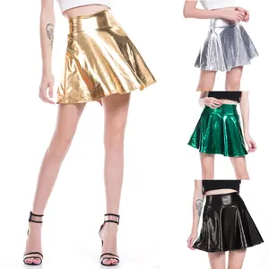 King Mcgreen Star Summer Sexy Laser High Waist Mini PU Leather Club Party Dance Shiny Holographic Skirts Metallic Pleated Skirts
