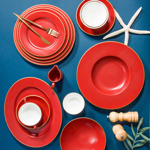 Retro Gold Rim Dinnerware Attractive Red Reactive Glaze <strong>Crockery</strong> Rustic Kitchen Tableware <strong>Christmas</strong> Plates Decorative Dinner <strong>Set</strong> - Product Image 5