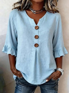 Blusa <span class=keywords><strong>de</strong></span> Lino y Algodón con Cuello en V para Mujer, Estilo Europeo y Americano, Nueva Colección <span class=keywords><strong>de</strong></span> Verano, Venta al Por Mayor - Product Image 2