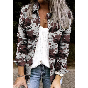 Herbst Damen Casual Camouflage Einreihiger Druckknopf-Revers Langarm-Jacke mit Taschen Denim-Hemd - Product Image 6