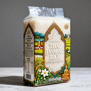 Impresión personalizada de plástico 1kg 2kg 5kg Bootm plano Tailandia Basmati arroz envasado al vacío lado fuelle bolsa con asa - Product Image 1