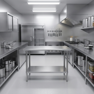 Plan de travail en acier inoxydable pour cuisine commerciale, table de préparation robuste de qualité alimentaire, finition polie, résistant à la corrosion, autoportant - Product Image 1