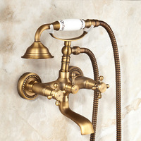 Robinet de bain antique européen en gros avec pomme de douche dorée simple, ensemble de salle de bain rétro mural, robinet à poignée unique en laiton, jet doux