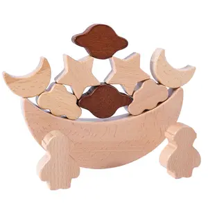 Wooden Toys Moon Stars Balance Blocks Board Games Toy Stacking High Blocks Wood Boys Puzzle Toys