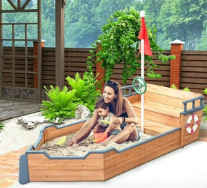 กล่องทรายเรือโจรสลัดไม้พร้อมที่นั่งกลางแจ้งกล่องทรายสำหรับเด็กพร้อมพวงมาลัยและธงสำหรับสวนและสนามหลังบ้าน - Product Image 4