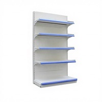 Étagère de supermarché à panneau arrière à fentes unilatérale, bord avant bleu, niveaux réglables, robuste, présentoir de vente au détail, personnalisable en usine