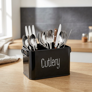Porte-couverts rectangulaire en métal noir avec étiquette blanche pour la cuisine - Product Image 1