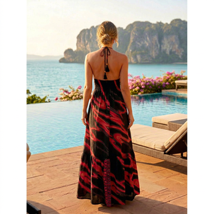 Vestido largo de verano estilo Y2K bohemio con cuello halter, de seda india, con borlas en la espalda, estampado geométrico/de lunares, informal, corte en A, holgado y lavable. - Product Image 2