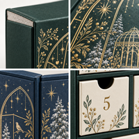 Calendrier de l'Avent personnalisé réutilisable et recyclable de 24 jours, boîte cadeau rigide style livre à double porte avec tiroirs en papier, pelliculage mat et dorure à chaud
