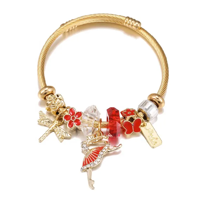 Stainless Steel Jewelry Wire Rope Cable Butterfly Ballet Dancer Charm Red Spin Hole Resin Bead Open Cuff Bangle Bracelet Women