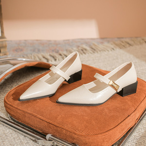 Chaussures Mary Jane à bout pointu, bride en T, talon bloc de hauteur moyenne, doublure en cuir, couleur unie, confortables, escarpins pour femmes - Product Image 1