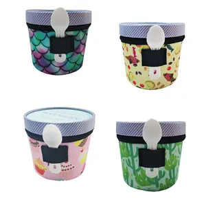 Patrón de sublimación de tamaño personalizado Mangas de helado de color Soporte de neopreno aislado acogedor Funda de enfriador de helado con soporte de cuchara