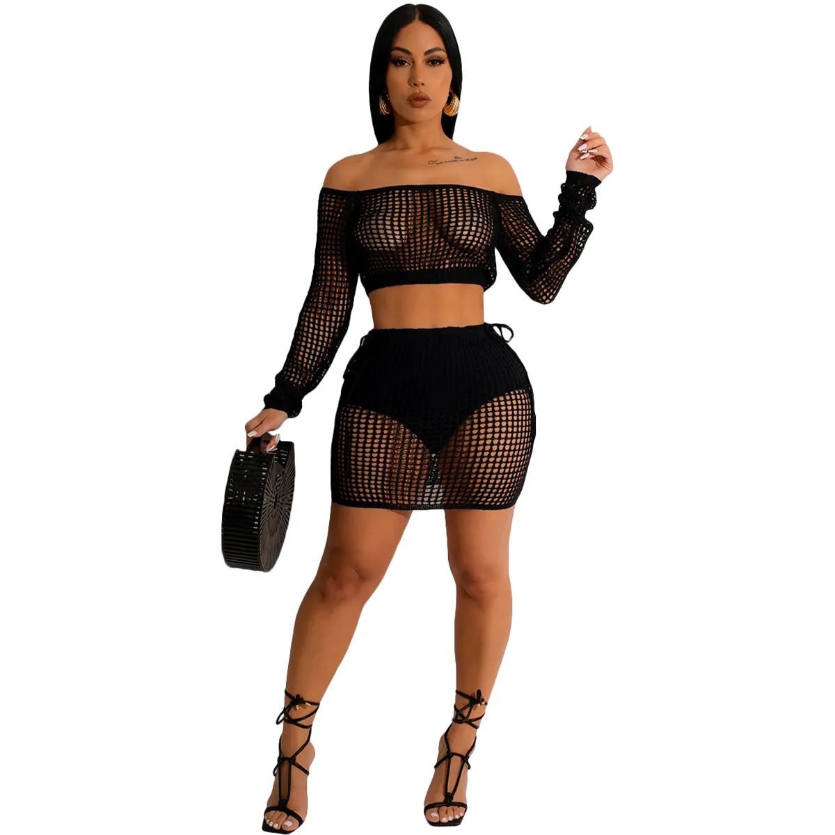 sexy ladies mature hand crotchet hallow out two piece fishnet set cover up two piece bikinis woman beachwear