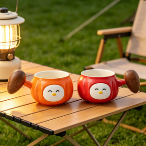 2026 Venta al por mayor Taza de café de cerámica con diseño de cara de pájaro creativa y adorable, forma de calabaza, asa de madera, 250ML, de porcelana, para té, leche, desayuno, regalo - Product Image 3