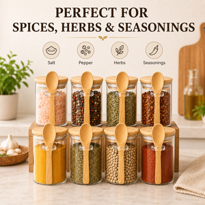 8 Pack Glass Spice Jars with Bamboo Lids and Attached Spoons Airtight Seasoning <strong>Containers</strong> for Salt <strong>Herbs</strong> and <strong>Kitchen</strong> Storage - Product Image 4