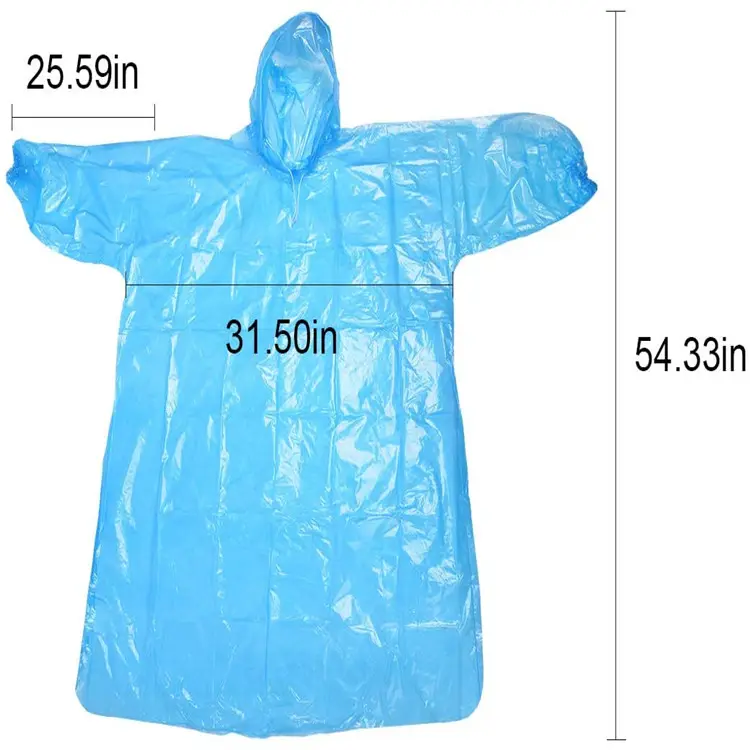 Einweg extra dick PE blau Overs ize wasserdicht Regen Ponchos Erwachsene Notfall Regenmantel mit elastischen Manschetten für den Außenbereich