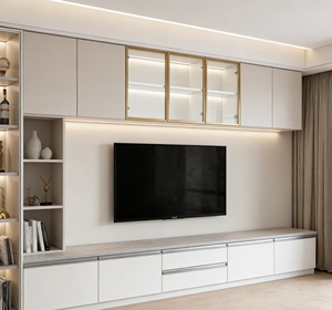 Meuble TV intégré minimaliste moderne - Meuble de salon élégant avec éclairage LED et rangement avec porte en verre - Product Image 4