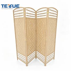 Modern Movable 4 Arched Woven Fiber Room Divider Paper Rope Folding Screen Natural Beige Rattan Frame Braided - Product Image 1