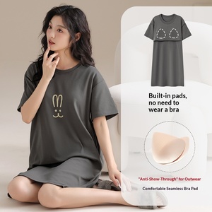 Sweethoney Camicia da notte estiva da donna con imbottitura sul petto, girocollo, motivo a tinta unita, in puro cotone, casual, pullover, abbigliamento da notte, vestito di media lunghezza - Product Image 5