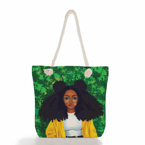 Sac de plage en corde personnalisé noir pour filles, imprimé, écologique, réutilisable, mignon, tendance, pour femme, sac de courses portable, vente en gros - Product Image 2