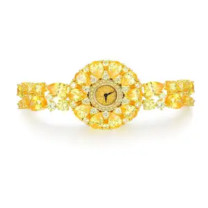 女士奢华石英黄色Mossanite手表18k黄金表盘不锈钢手链Moissanite女士手表