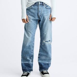 Jeans de Hombre al por Mayor, Nueva Moda, Personalizados, con Efecto de Capas Desiguales, Lavado Azul, Pierna Recta, Rotos - Product Image 3