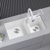 Évier de cuisine double à deux trous en granit quartz moderne à encastrer avec robinet, blanc, épaisseur 3,0-5,0 mm, garantie 1 an