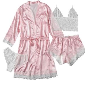 Conjunto de Pijama Sexy de Seda y Satén de Algodón de 4 Piezas con Bata, Encaje, Pantalones Cortos y Pantalones Largos para Descansar, Regalo - Product Image 1