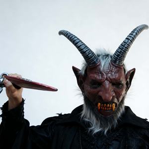 Máscara de Látex Clásica Estilo <span class=keywords><strong>Demonio</strong></span> del Oeste para Fiesta de Halloween con <span class=keywords><strong>Cuernos</strong></span>, Piel Arrugada Roja, Colmillos Amarillos y Barba Blanca - Product Image 2