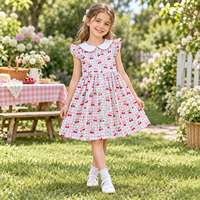 Dress anak perempuan pink motif kotak ceri katun musim panas kerah Peter Pan lengan ruffle grosir OEM ODM