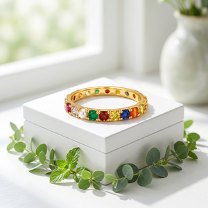 Anillo Navratna de 9 Piedras Preciosas, Plata de Ley 925 + Moissanita, Bañado en Rodio, Banda Multicolor con Piedras de Nacimiento, Anillo de Compromiso Indio de Lujo - Product Image 2