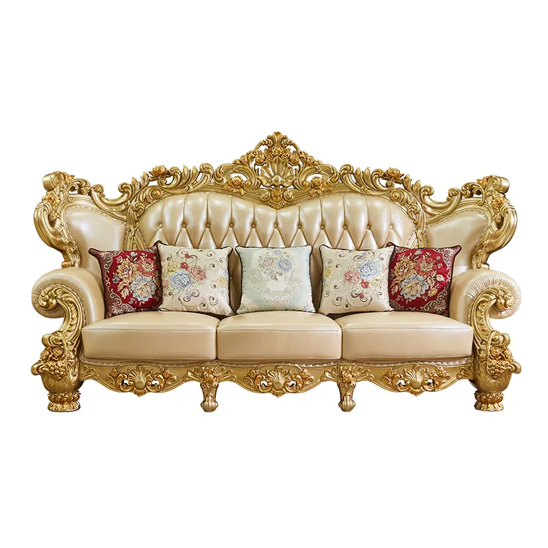 Juego de sofás clásicos de oro real, mueble de salón con marco de madera sólida, de lujo, de cuero auténtico, estilo italiano