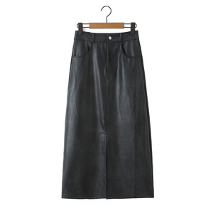 HANO 2 Colorway Front Slit Solid Color Zipper Fly Casual Fashion Long Leather Skirt pour les femmes - Product Image 4
