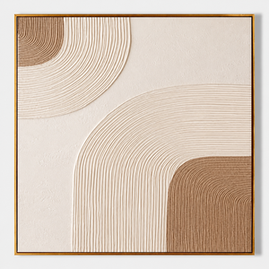 Abstract Minimalist Art <b>Print</b> <b>With</b> Embossed Curved Lines In Beige And Brown Tones Wood <b>Frame</b> Indoor Decor - Product Image 1