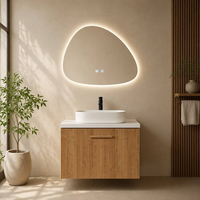 Meuble-lavabo flottant avec vasque intégrée, armoire murale moderne en bois massif cannelé et ensemble de miroir intelligent à LED organique